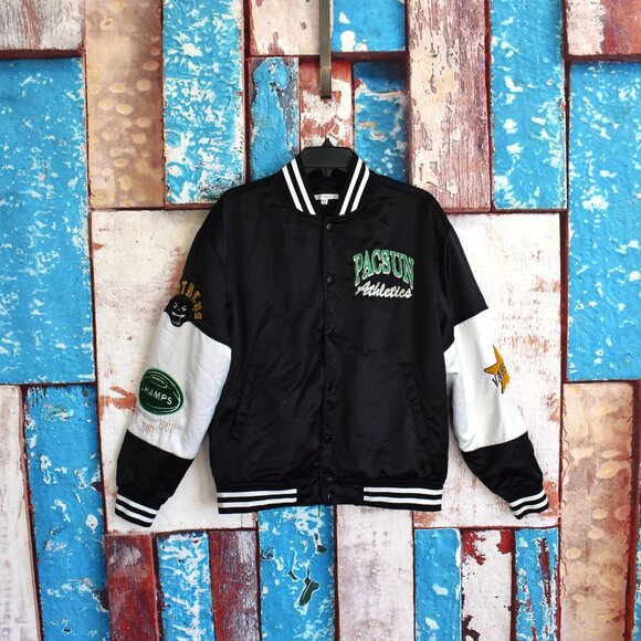 Unisex Pacsun Athletics Varsity Bomber Jacket Embroidered Streetwear XS/S Black - Picture 1 of 13